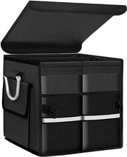 Organizzatore di Cassetta Portabagagli Auto 28L Acquaplanato con Copertura e Maniglia in Alluminio - Cassetta di Stivaggio 2-Vasca Ripiegabile per SUV, Camion, Sedan - Nero