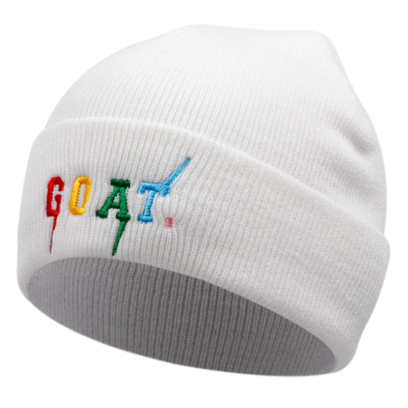 Cappelli invernali caldi lavorati a maglia con ricamo di capra, colore bianco.
