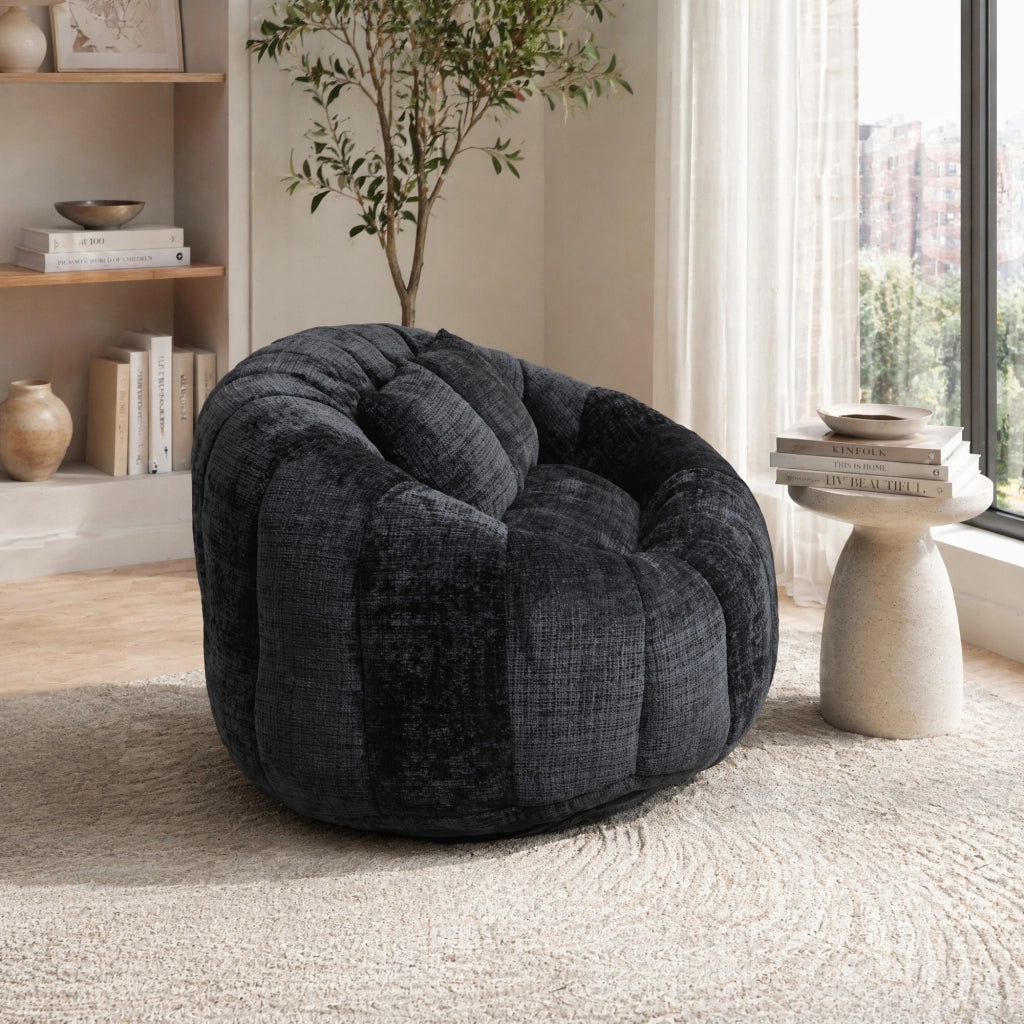 Divano da pavimento a 2 posti in ciniglia nera con braccioli e schiuma 150 × 95 × 63 cm