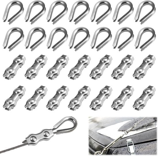 Set di 28 klemme cavi in acciaio inossidabile M3 con 14 klemme cavi 3 mm e 14 coppe cavi 3 mm - acciaio inossidabile 304 - per cavi in acciaio e spanne a filo.
