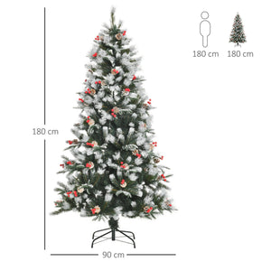 Albero di Natale Artificiale Innevato 180 cm 678 Rami con Bacche Rosse e Pigne Verde