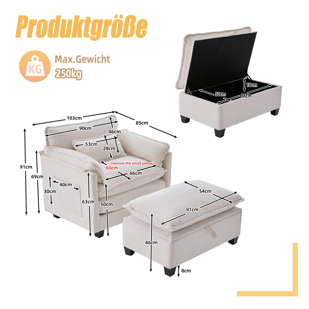 Poltrona con Pouf Ampia con Vano Contenitore, Tasca Laterale e Cuscino, in Ciniglia Beige