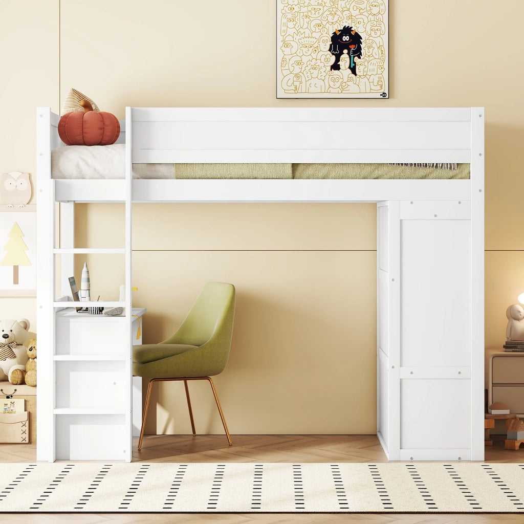 Letto a Soppalco 90×200 cm; Letto Singolo con Armadio; Scrivania; 2 Cassetti e Ripiani; senza Materasso; Bianco