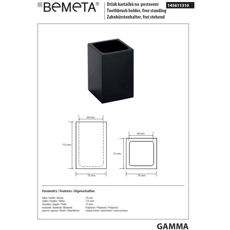 Portaspazzolino da tavolo GAMMA in resina nera opaca 11,5 x7,5 x7,5 cm