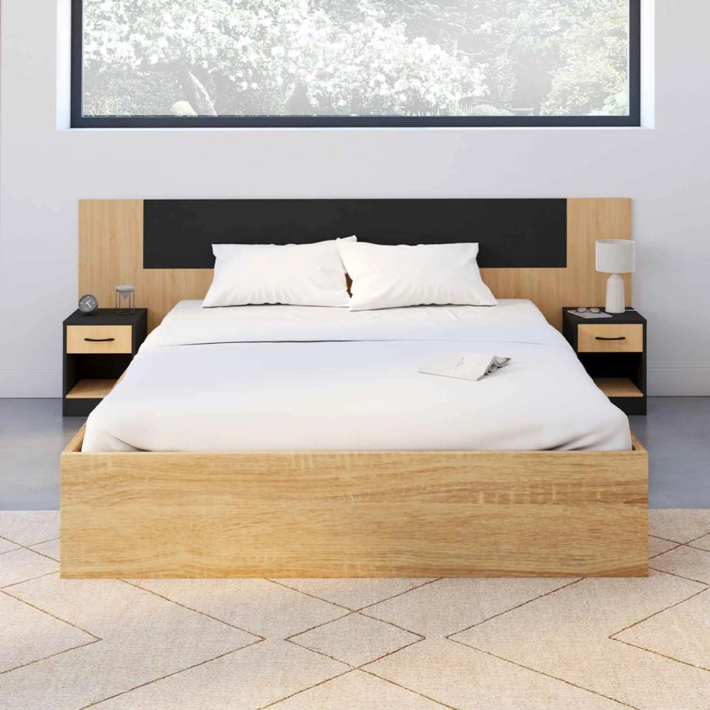 Cabecero SAPA para camas de 140 y 160 cm con mesillas negras y efecto madera