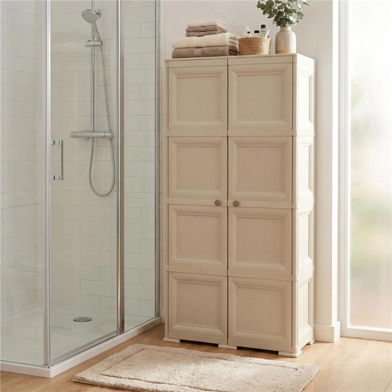 ARMADIO 4 MODULI IN PLASTICA 79X43X164 CM – MOBILE CONTENITORE MULTIUSO PER SALOTTO, PERGOLATO E BALCONE COPERTO, DESIGN CLASSICO EFFETTO LEGNO