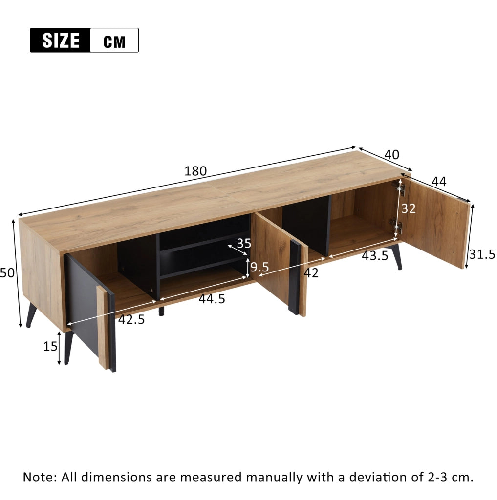 Mobile TV ULEVR 180x40x50 cm con 3 ante e 4 vani aperti, foro passacavi, marrone e nero