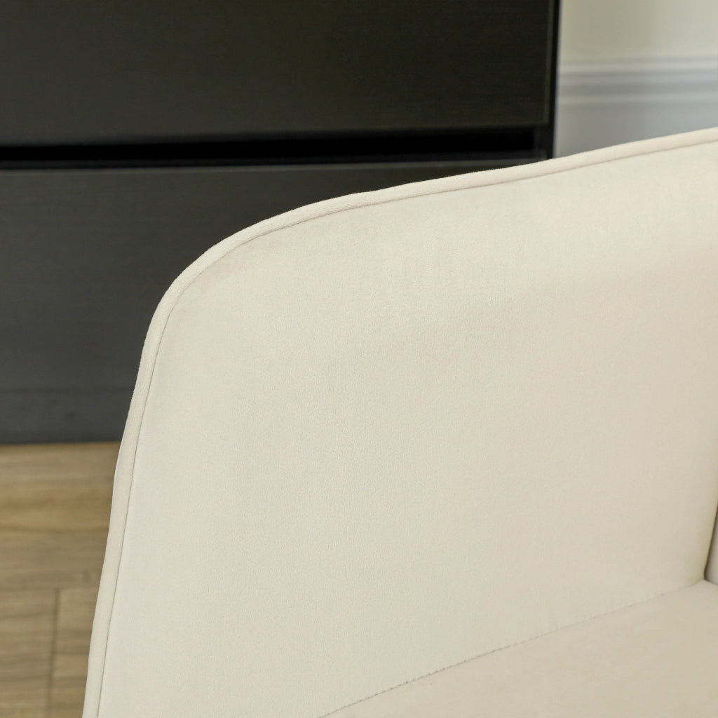 Poltrona a dondolo in velluto con braccioli, schienale alto imbottito e base in legno di faggio beige per relax