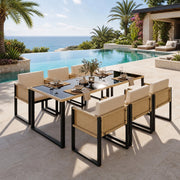 Set tavolo e sedie da giardino per 6 persone in rattan e tessuto nero marrone con vetro temperato
