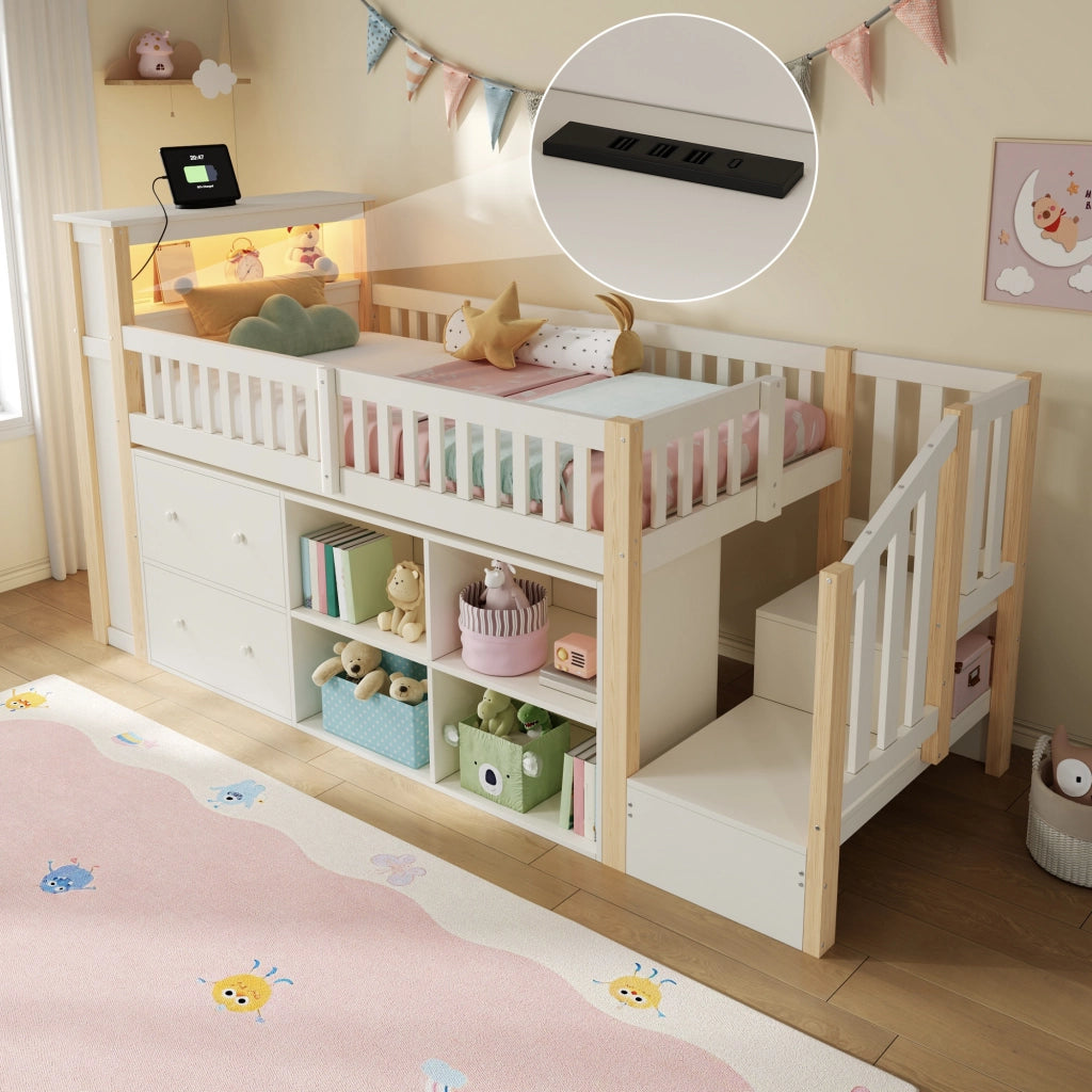Letto rialzato per bambini 90x200 cm con cassetti; vani portaoggetti; scala contenitore e LED; bianco