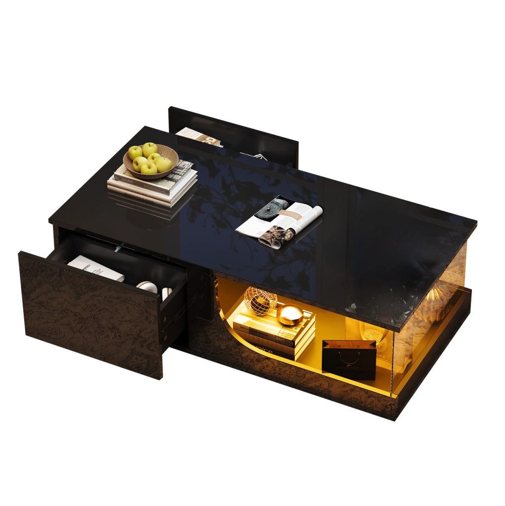 Tavolino nero 100x50x30 cm con 2 cassetti, LED USB e vetro temperato, MDF,