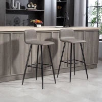 Set 2 Sgabelli Bar con Schienale Basso e Poggiapiedi, Rivestimento in PU e Gambe in Acciaio, Marrone Scuro