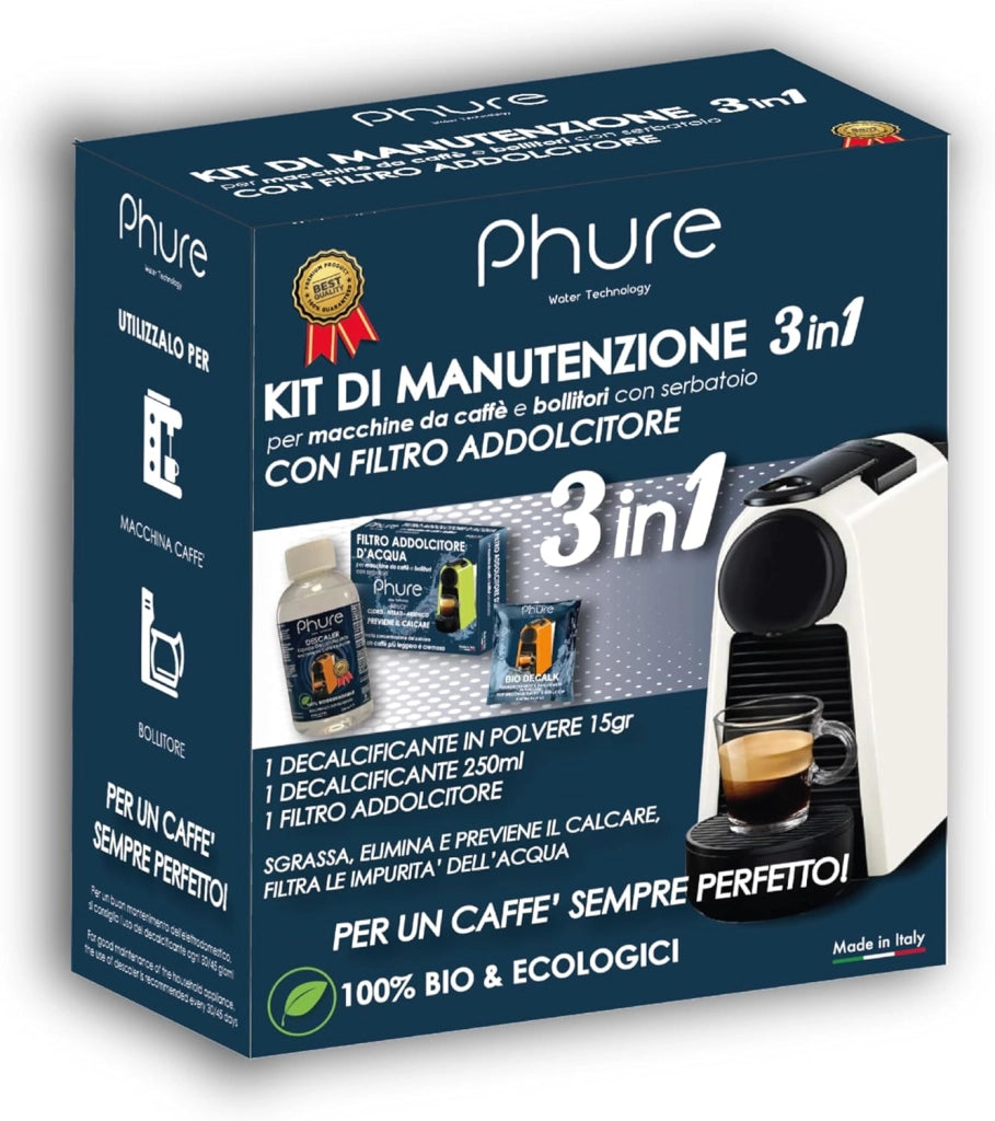 PHURE Decalcificante per Macchine da Caffè e Bollitori, Sgrassa, Elimina e Previene il Calcare, Filtro Impurità Acqua Kit Manutenzione 3 in 1 100% Bio ed Ecologici