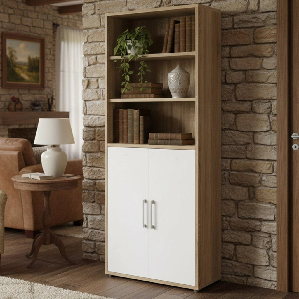 Credenza Valsesia, Buffet da soggiorno, Madia da salotto, Dispensa da cucina, 89x40 h222 cm, Quercia e Bianco