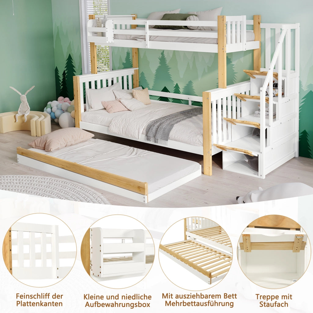 Letto a Castello 90x200 e 120x200 cm; con Estraibile; Scala Contenitore e Mensola