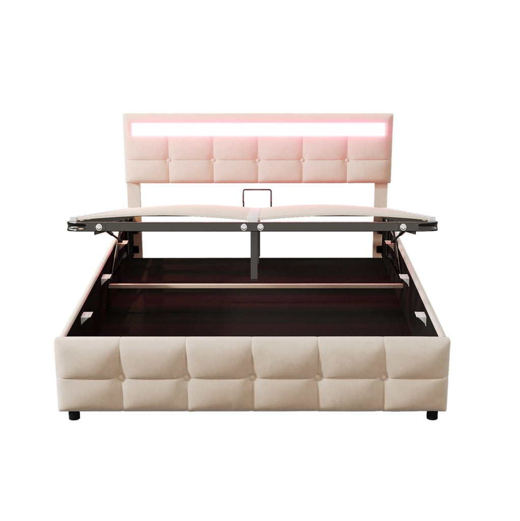 Letto imbottito 180x200 cm con LED; contenitore idraulico e rete a doghe; beige