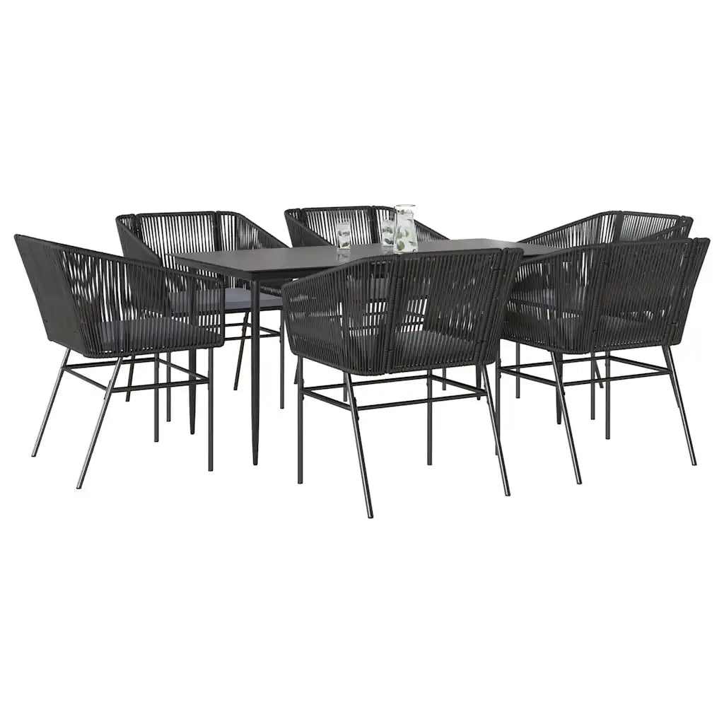 Set Pranzo da Giardino 7 pz Nero con Cuscini Polyrattan Vetro 3334517