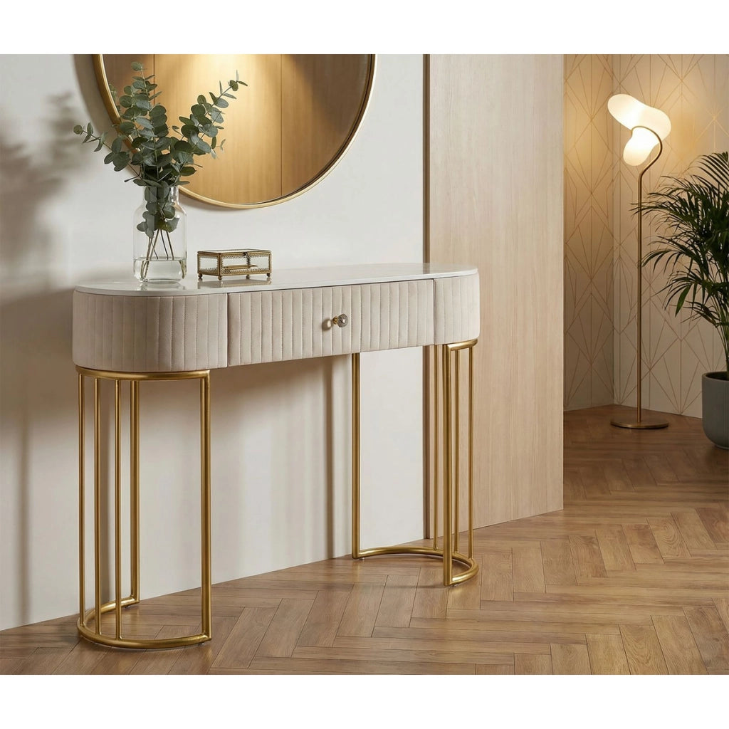 Console Montpellier crema in legno, ferro e tessuto — 100x40x75 cm