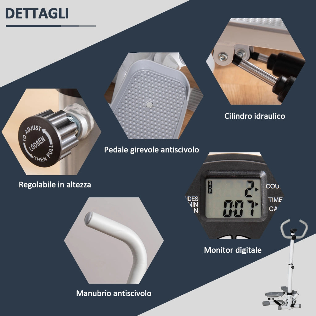 Stepper con Monitor LCD. Manubrio Regolabile ed Elastici. in Acciaio e ABS. Bianco e Grigio