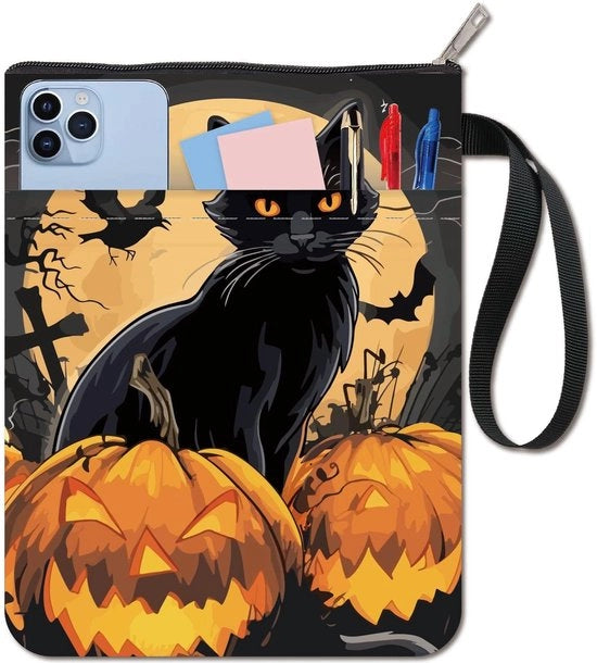 Copertina Halloween - Gatto Nero - Copri Libro - Tessuto Lavabile - Chiusura con Cerniera - Borsa Supplementare - 22x28 cm