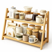 Keukenrek in Bambù con 2 Altezze, Tessuto in Rattan per Spezie e Caffè, 45 x 18 x 28,5 cm