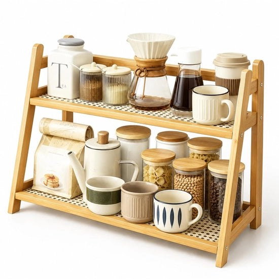 Keukenrek in Bambù con 2 Altezze, Tessuto in Rattan per Spezie e Caffè, 45 x 18 x 28,5 cm