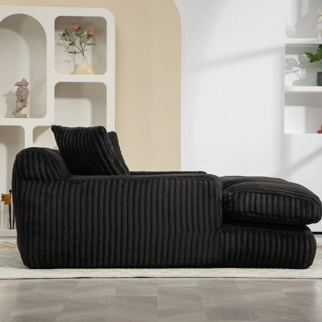 OKWISH Chaise Longue con 3 Cuscini, Design Ergonomico senza Montaggio, Seduta da Pavimento in Velluto a Coste, Nero, 125 × 155 × 63 cm