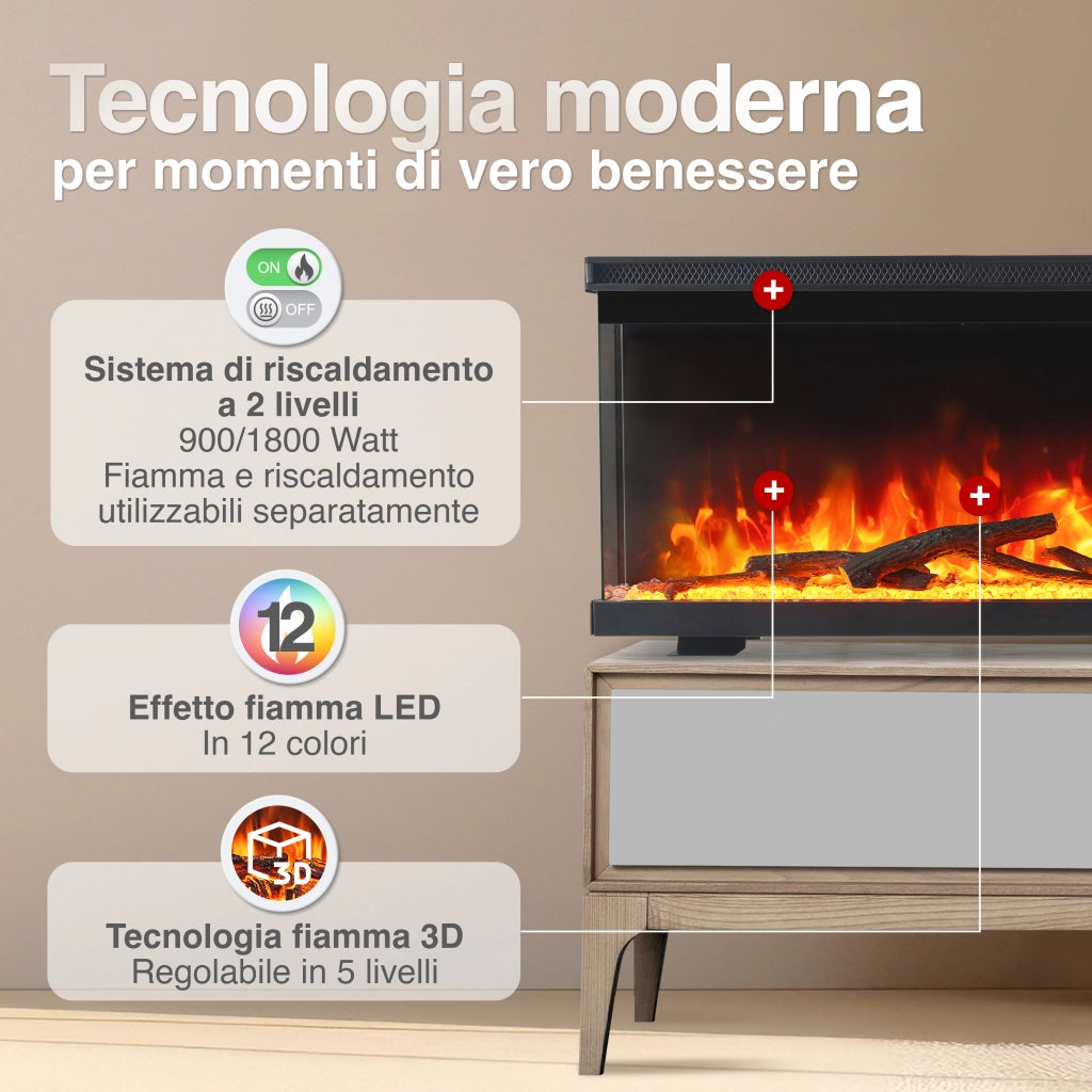 KAMINIO Camino elettrico LEA - Camino 3 in 1 con vista panoramica, riscaldamento, effetto fiamma, 12 colori delle fiamme, telecomando - 42 pollici