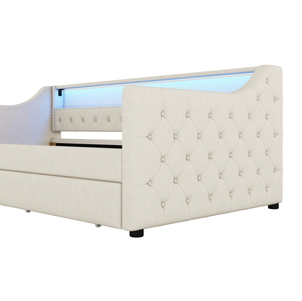 Daybed 90x200 cm con luci LED; USB e 2 cassetti; lino beige