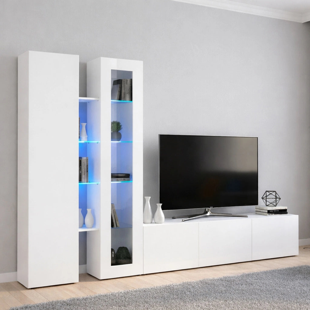 Mobile Soggiorno Arin, Parete Attrezzata 13 Ripiani Made in Italy, 280x30x180h cm Bianco Lucido