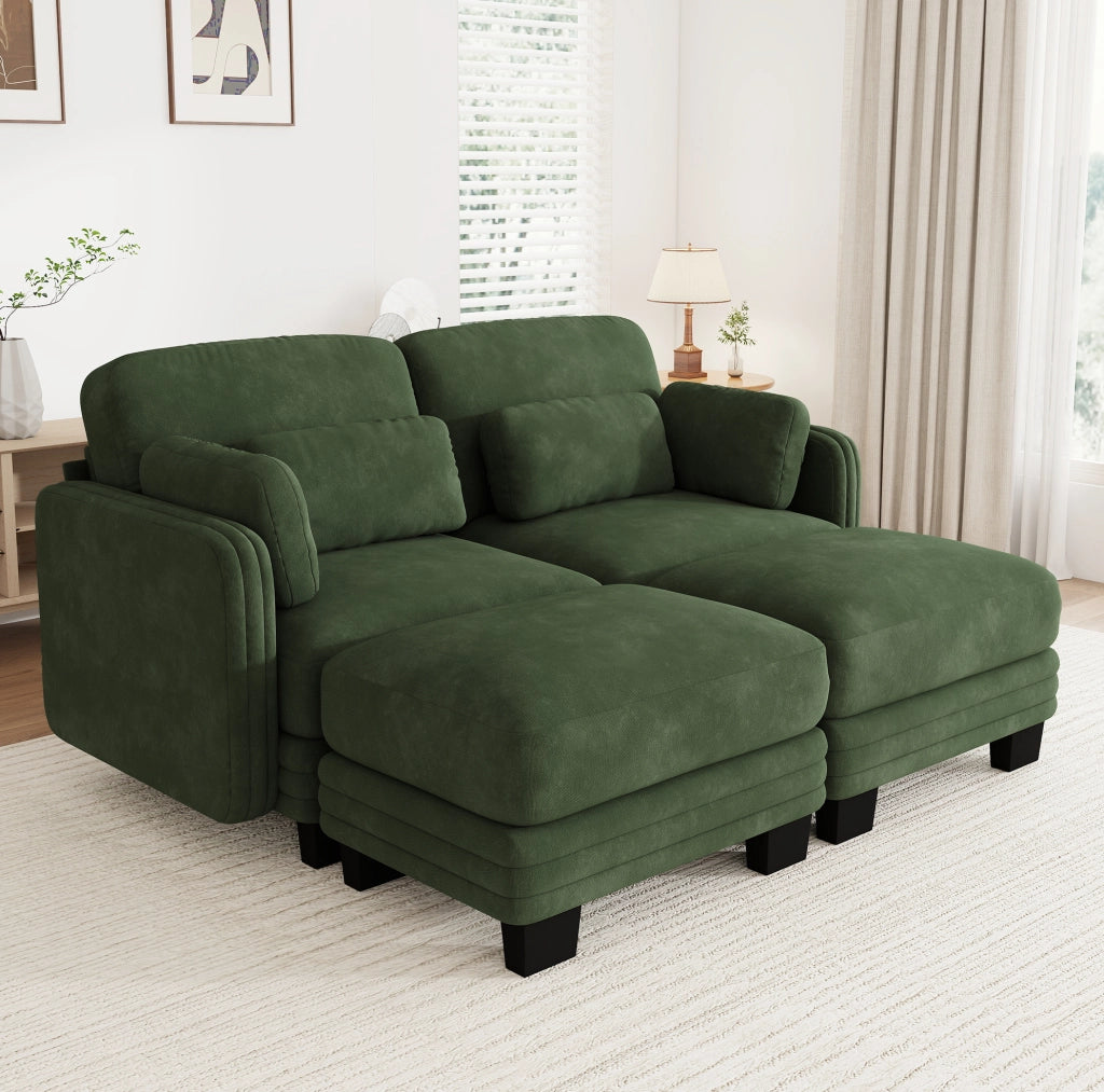 Divano modulare in chenille verde 176x143x88 cm con pouf e cuscini mobili