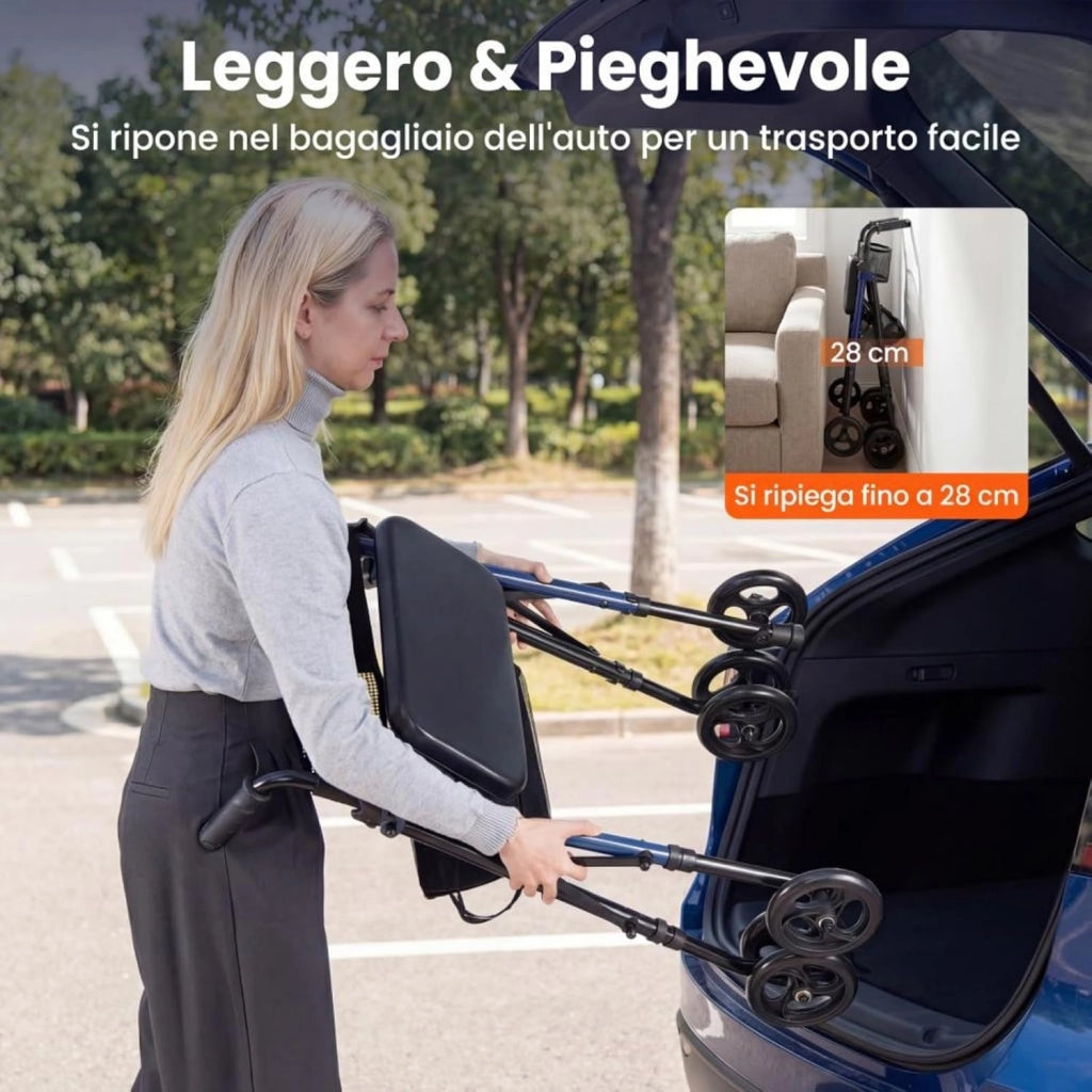 Deambulatore Pieghevole per Anziani, Girello a 4 Ruote con Sedile, Maniglie Regolabili a 8 Livelli, Schienale e Borsa a Rete, Deambulatore Rollator Ultraleggero per Disabil, Portata 136 kg
