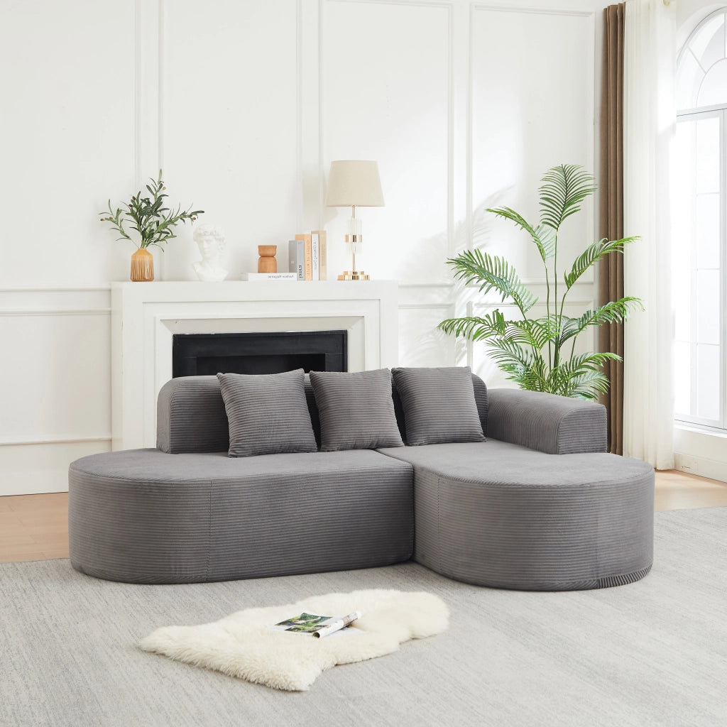 Divano angolare con chaise longue curva e 3 cuscini in velluto a coste grigio 220×155×70 cm