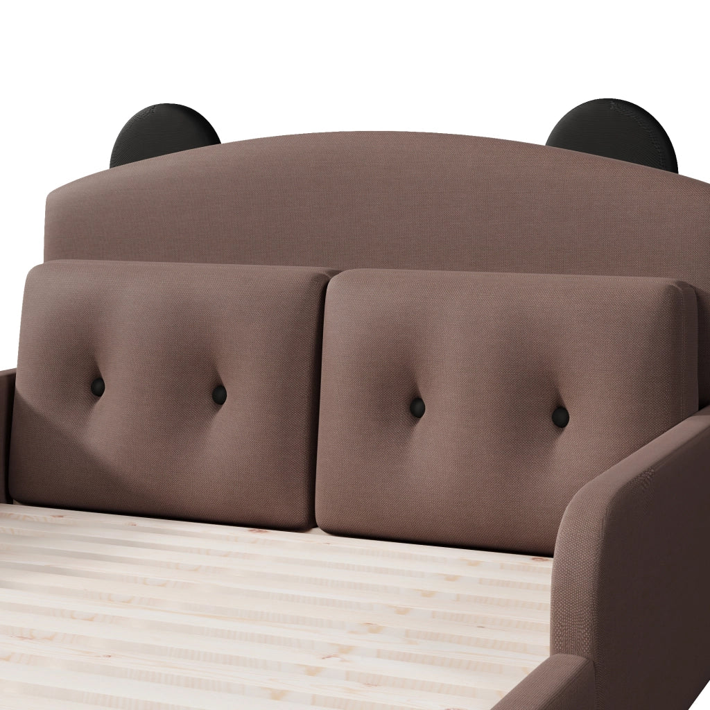 Letto imbottito 140x200 cm con testiera a orso e 2 cuscini in lino caffè