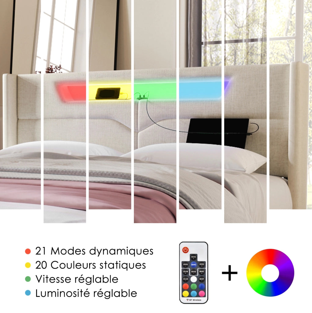 Letto matrimoniale imbottito 160x200 cm in lino beige con LED; USB e porta Type C