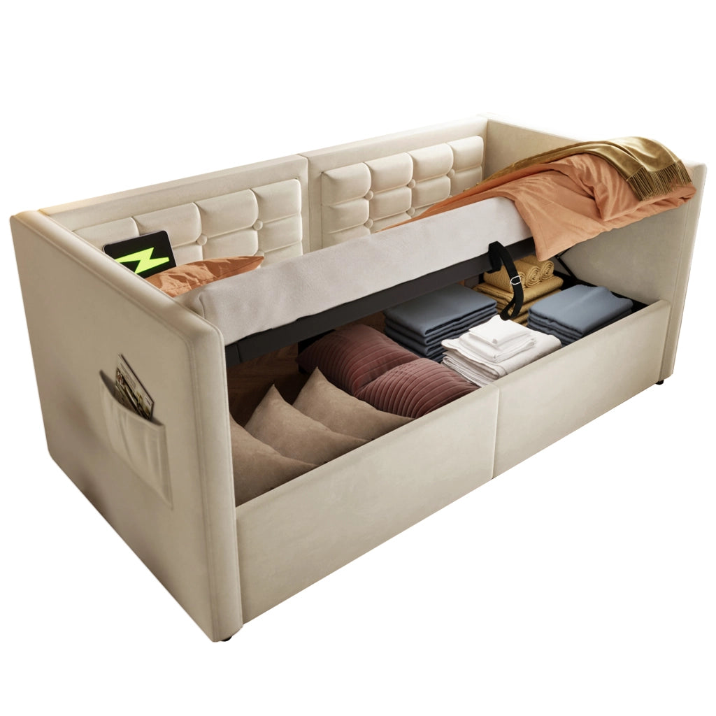 Letto a Divanetto 90 x 200 cm; Letto Singolo - Contenitore; USB e Type-C - Beige