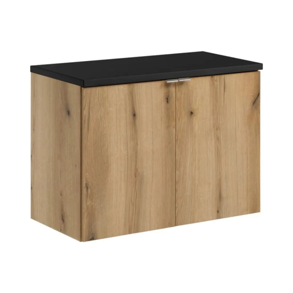 Set bagno sospeso VANO effetto rovere e nero 80cm: mobile sottolavabo con armadietti + piano per lavabo