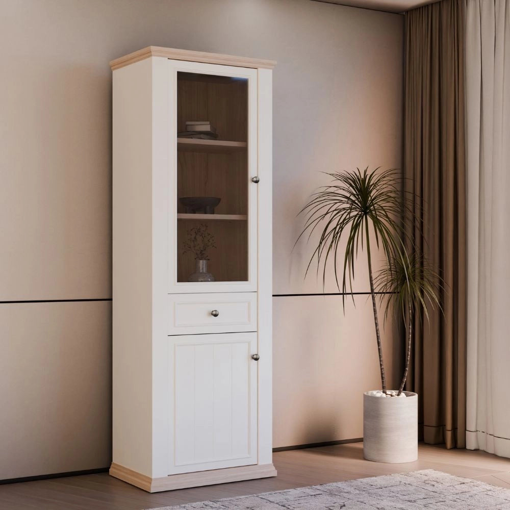 Vetrina Essenza 1 Anta Vetro e 1 Anta con Cassetto Bianco e Rovere 202 cm – Stile Classico