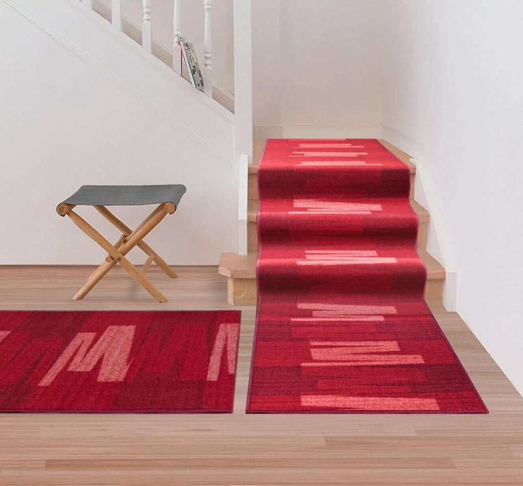 Passatoia Scala Bordata 67x450 cm Ingresso Corridoio Tappeto Cucina Gradini Zig Zag Bordeaux