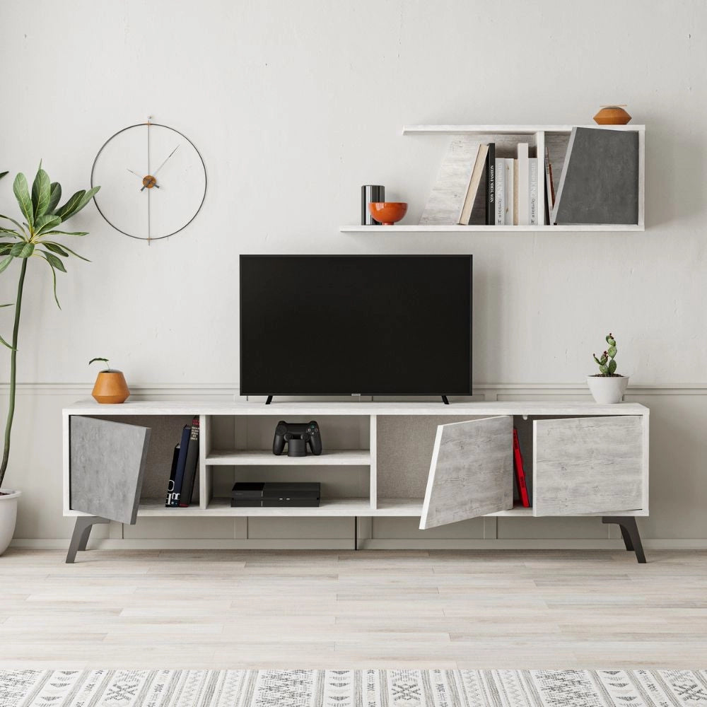 (3c) Porta TV Fiona Bianco Vintage con Anta Retro Grey e Mensola H 48 x P 35,60 x L 180 cm