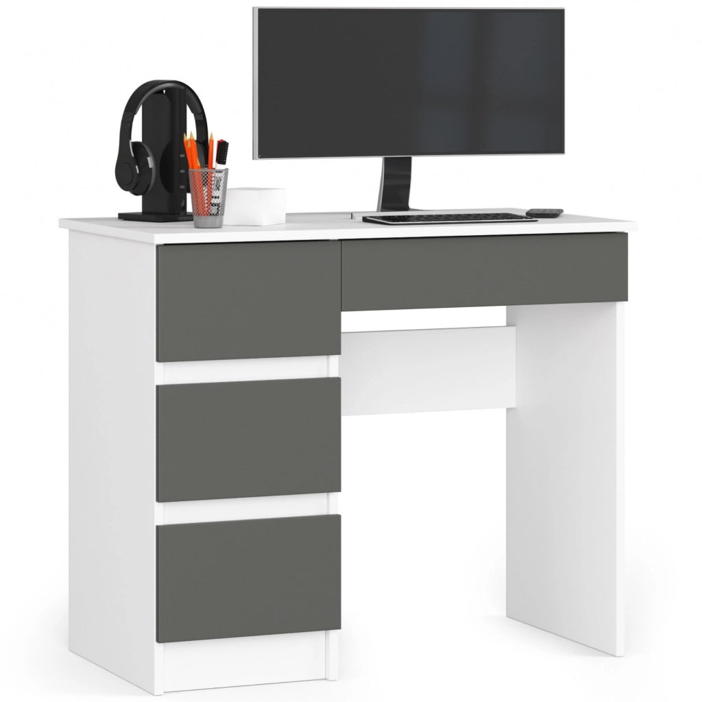 Scrivania per computer AKORD A7 Bianco 90 cm 4 cassetti inserto frontale Grigio Grafite 90x50x77 cm Modello a sinistra