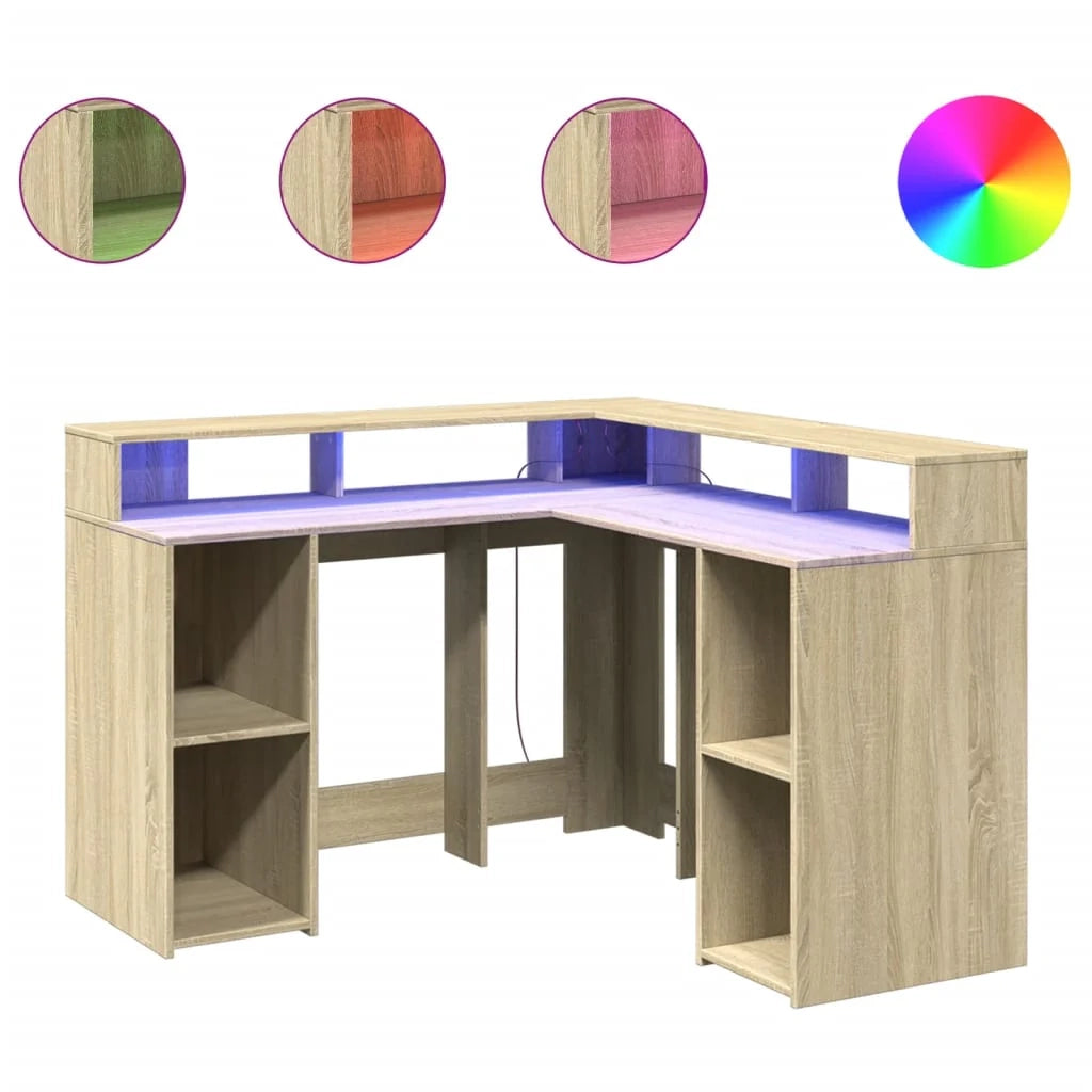 Scrivania da ufficio postazione di lavoro mobile per computer scrivania da studio con luci a LED legno ingegnerizzato rovere Sonoma marrone 02_0023424