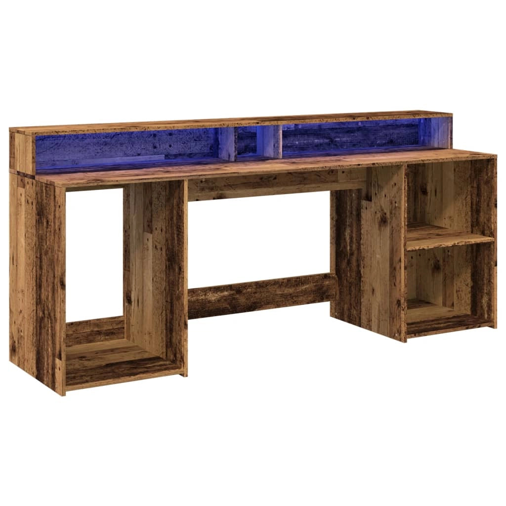 Scrivania tavolo postazione di lavoro mobile per computer studio con luci a LED legno vecchio legno ingegnerizzato marrone 02_0023437