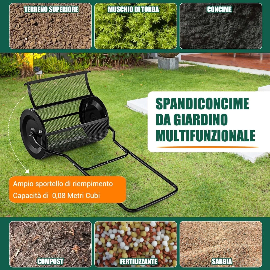 Spandiconcime da 60,5 cm, Rullo da Giardino con Impugnatura Pratica Chiusure Laterali e Rete in Metallo per Concimazione e Semina, Rullo Spandiconcime per Prato Giardino, Verde (Nero)
