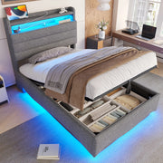 DESMIU Lit 90 × 200 cm con LED, USB, Type-C, vano idraulico, senza materasso, in lino, grigio