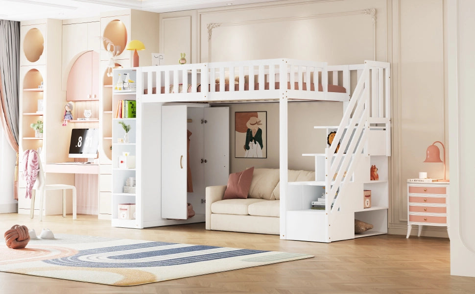 DESMIU Letto a soppalco 1 posto con armadio, scaffali e scala contenitore 90 × 200 cm, senza materasso, bianco