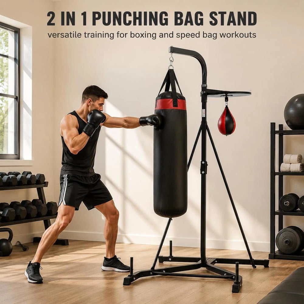 2-in-1 Punching Bag Stand Training Device, Steel Sandbag Frame, Height-Adjustable Punching Bag Holder (65 Kg Load Capacity), Fitness Equipment, Standing Boxing Trainer, Speedbag Stand For Gym