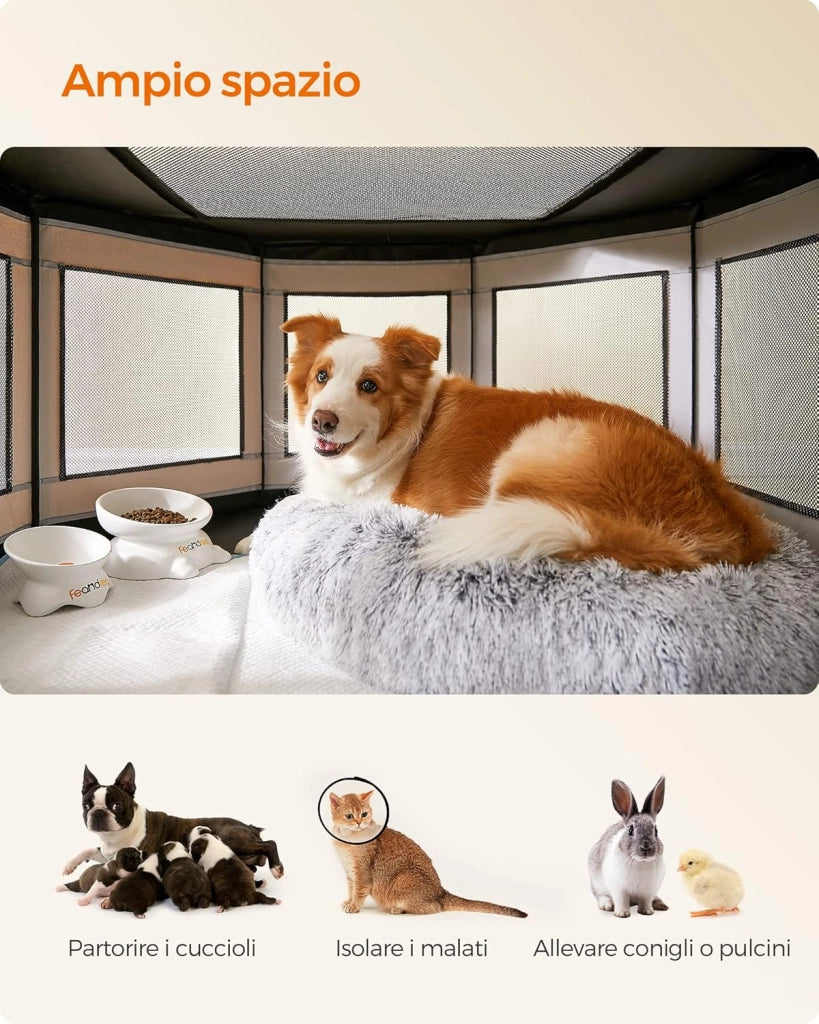 Feandrea Recinto per Cani di Tessuto Oxford, Recinto per Animali Ottagono, L, 112 x 112 x 62 cm, Telaio di Tubi in PVC, Rete Respirante, Tasca Portaoggetti, Grigio Scuro e Grigio Chiaro PDC003G01