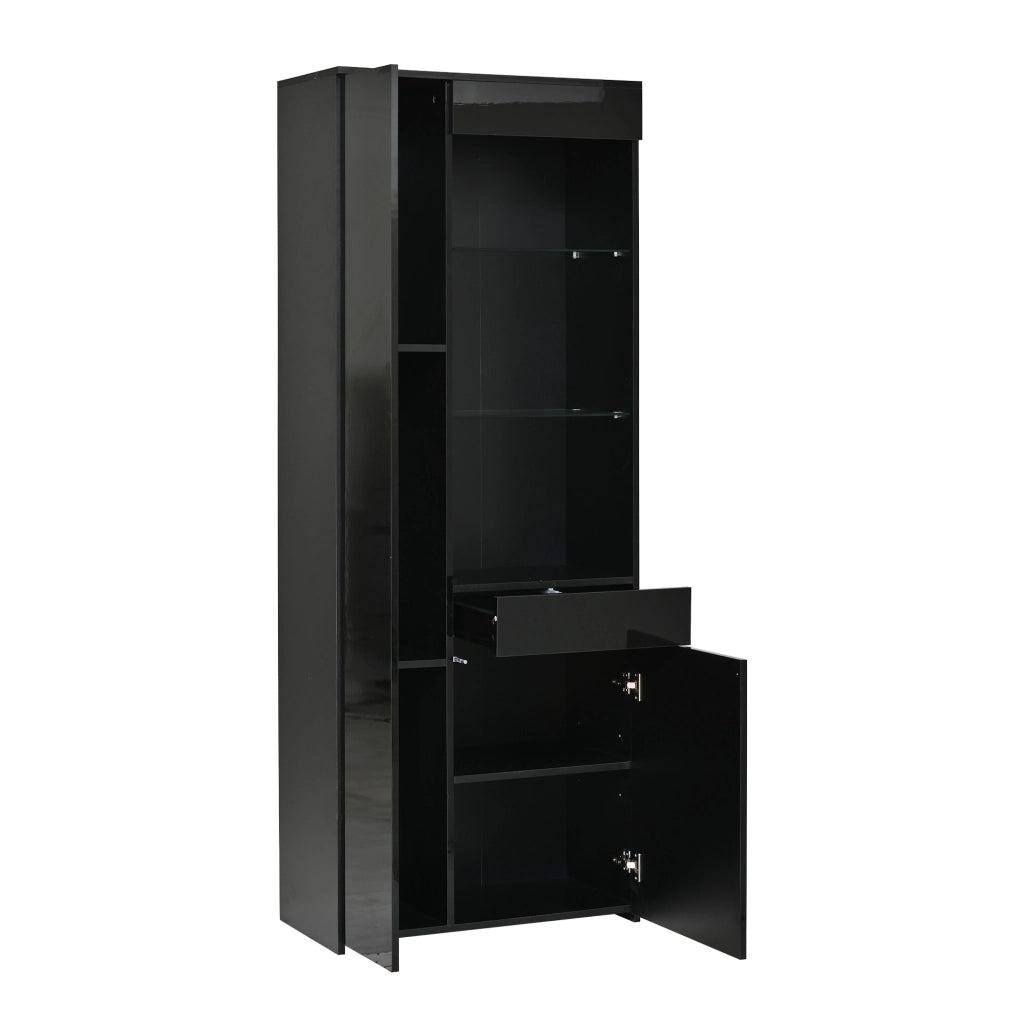 Vetrina alta 70 x 35 x 180 cm con 2 ante, cassetto, LED e finitura nero lucido