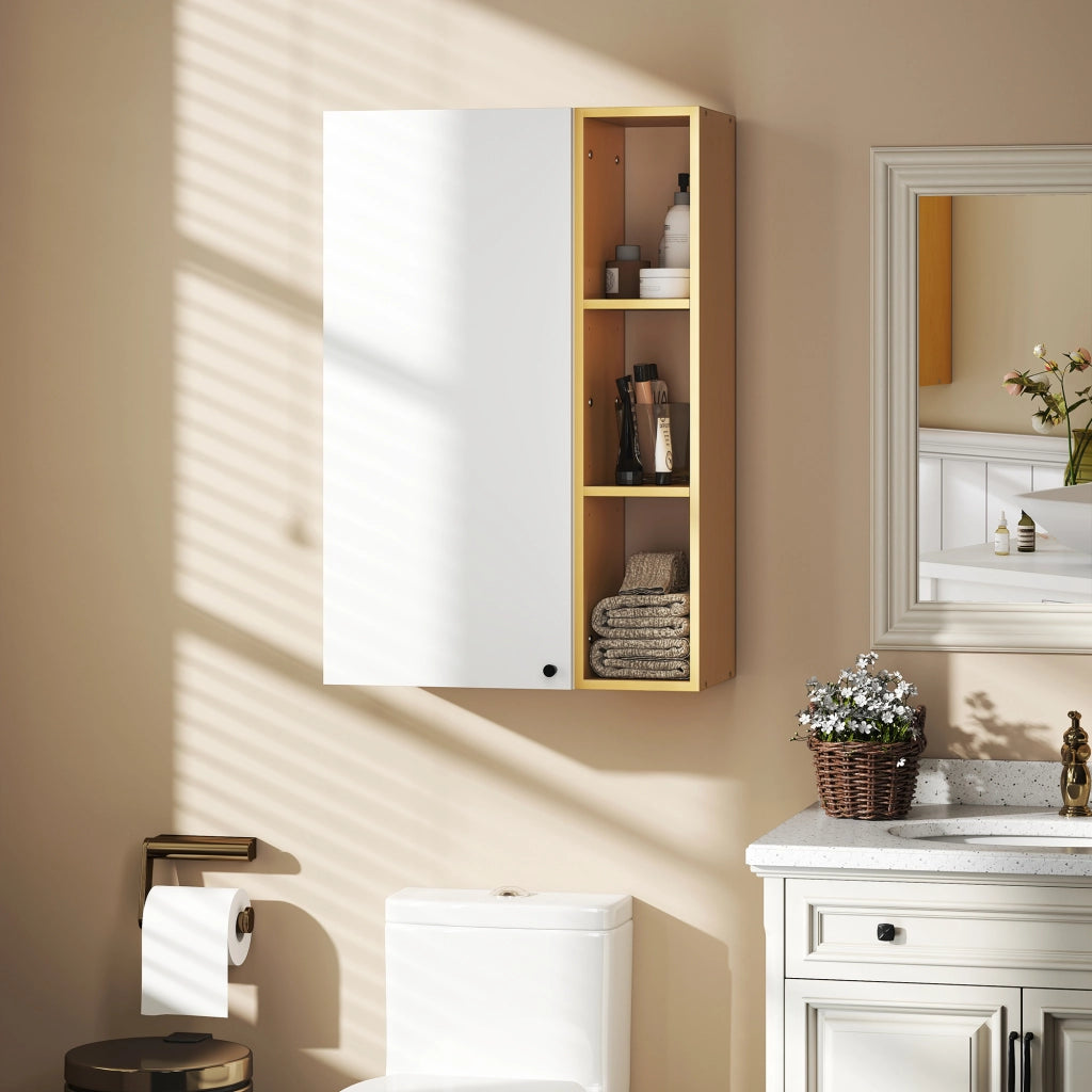 Armadietto Bagno a Parete con Ripiani Regolabili e 3 Mensole Aperte, 59.5x30x90 cm, Bianco e Legno